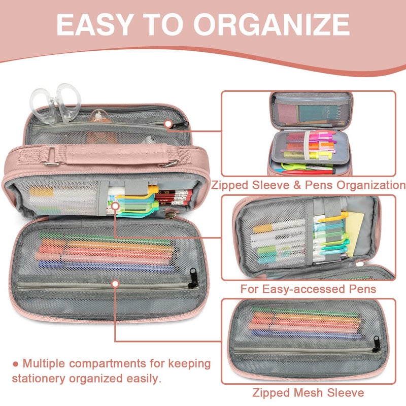 VASCHY Pencil Case, Large Pencil Pouch with Compartments for Middle School,Work,Office Pen Organizer Holder School Supply Pink - Image 3